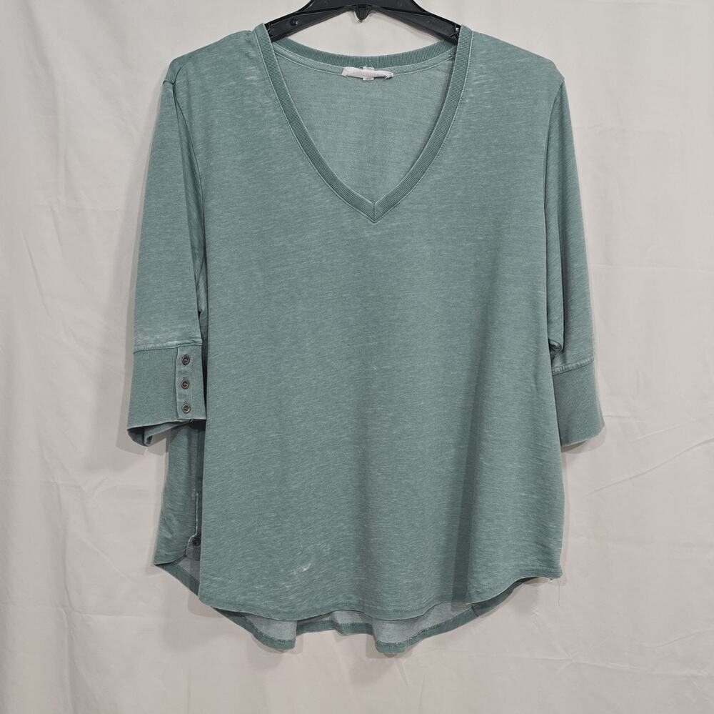 Jane + Delancey Womens Plus 3X Green Heathered V-Neck Knit 3/4 Sleeve Top Button